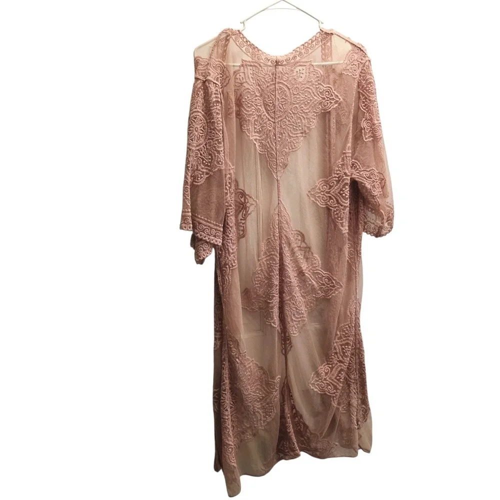 Boho Lace Duster Cardigan Sheer Embroidered Longline Kimono Dusty Rose S/M
